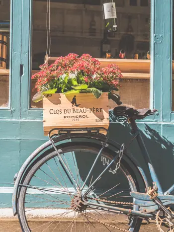 fiets met bloemen in bordeaux
