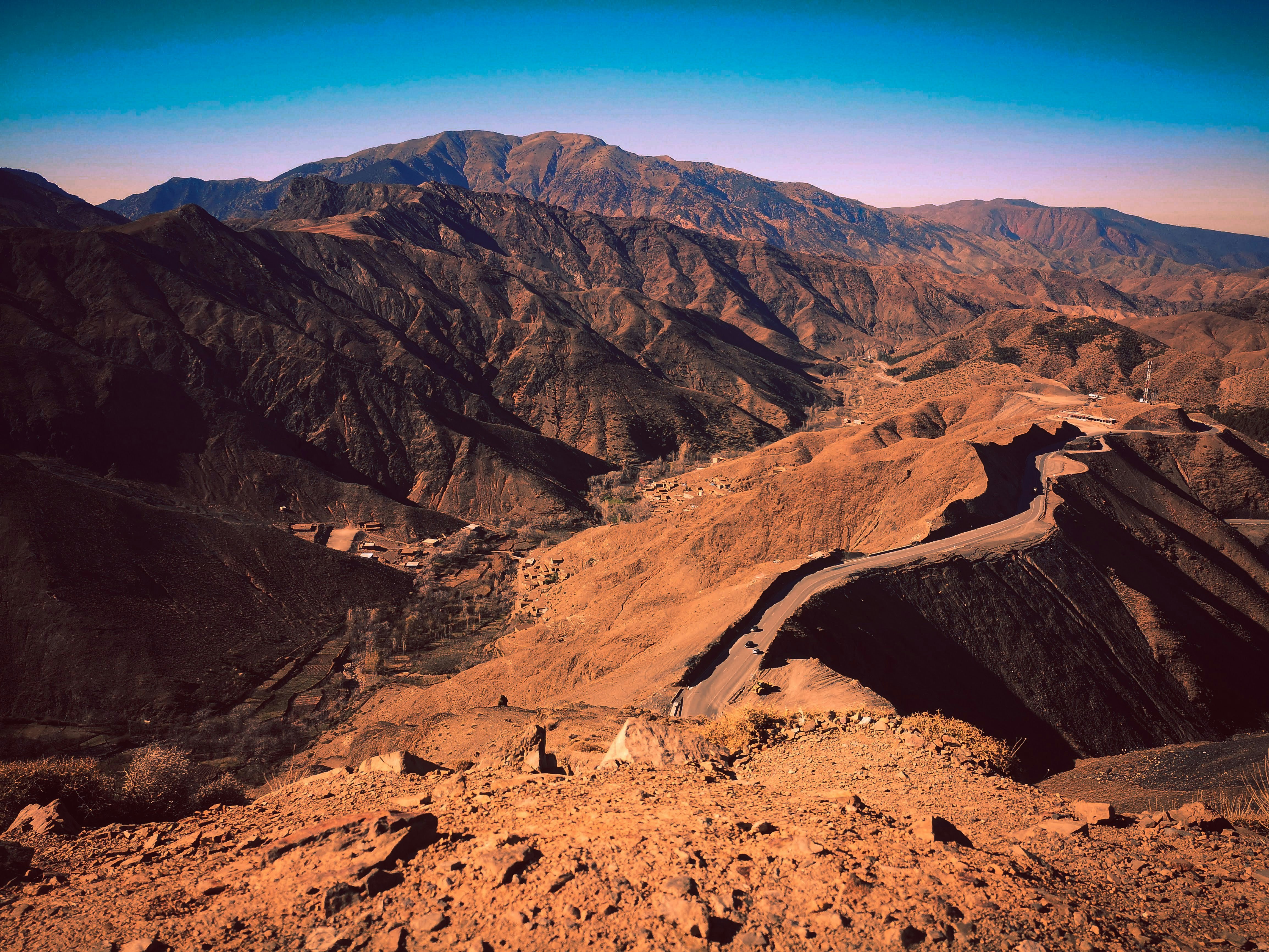 eagleye view on a road pass through atlas mountains