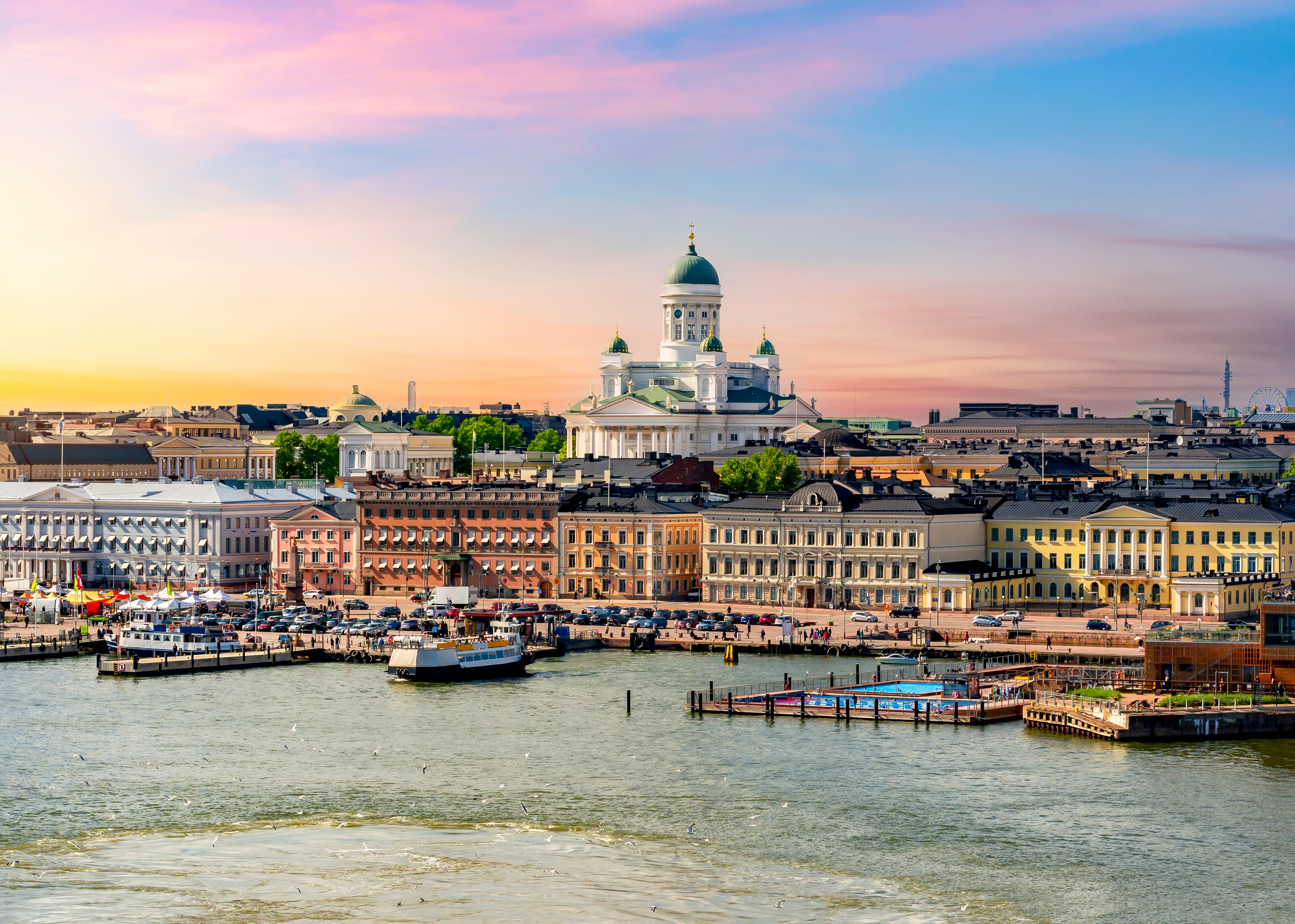 helsinki cityscape and helsinki cathedral at sunset finland