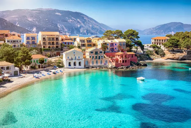 beautiful view to the little beach of the village assos kefalonia greece